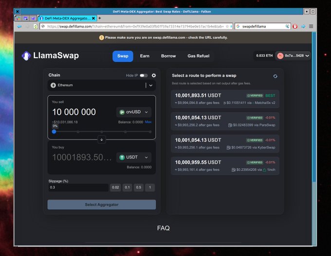 A screenshot of the LlamaSwap DeFi Meta-DEX Aggregator interface on DefiLlama shows a swap of 10,000,000 crvUSD for USDT on Ethereum, displaying four verified routes with output amounts around 10,001,893–10,001,054 USDT from Matcha/0x, ParaSwap, KyberSwap, and 1inch. This demonstrates good liquidity for large-volume crvUSD-to-USDT swaps, with consistent rates and minimal slippage (around 0.01-0.02%) across multiple aggregators.