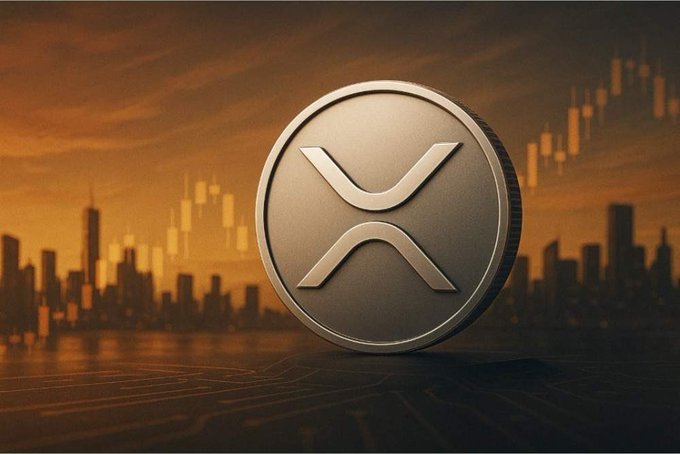 A 3D rendering of an XRP cryptocurrency coin in gold and silver tones is displayed against an orange sunset city skyline with a trading chart overlay.