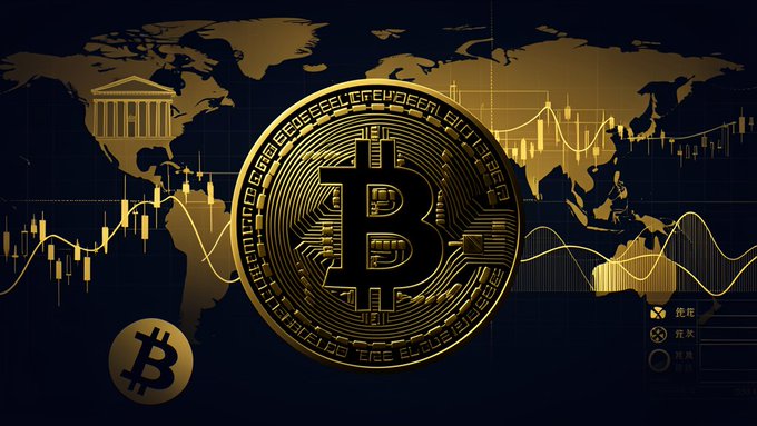 The image features a gold-colored Bitcoin coin with a black border, set against a dark blue background. The Bitcoin logo is prominently displayed at the center of the image. Below the Bitcoin logo, there are three lines representing different cryptocurrency markets: Asia, Europe, and America. These lines show fluctuations in the value of these cryptocurrencies over time. In addition to this information, there's also a small gold coin with a black border placed below the Bitcoin logo. The text "In this round of the crypto market, don' just fixate on a single K-line and shout bull or bear" is written at the bottom of the image.