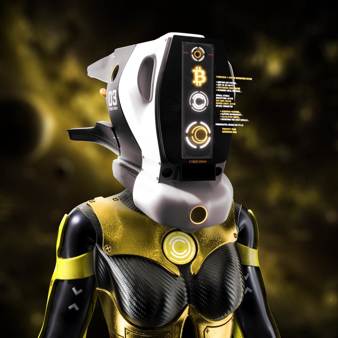 A futuristic cyberpunk figure in white and gold armor wears a digital helmet displaying the Bitcoin logo and technical data, with 'CYBER CREW' and the number '03' visible on the gear.