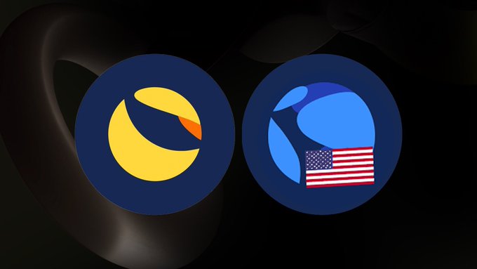 The image shows two circular icons on a dark background: a yellow and blue TurboX (TURBO) logo on the left, and a blue globe icon with an American flag overlay on the right. These appear to represent two cryptocurrency projects being called out as scams, with the post's accusation of community exploitation and fraudulent building activity aimed at the TURBO token project and its associated US-based team.
