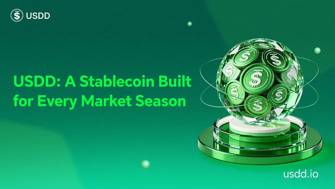 A promotional banner for USDD stablecoin featuring a 3D green sphere filled with coins, with the text 'USDD: A Stablecoin Built for Every Market Season' and the usdd.io website.