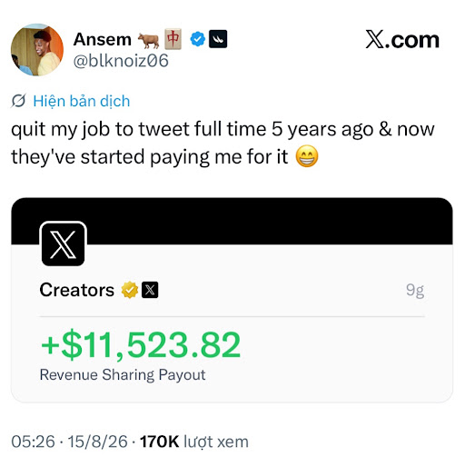 A tweet from user @blknoiz06 (Ansem) celebrating his X revenue sharing payout of +$11,523.82 after quitting his job 5 years ago to tweet full time.