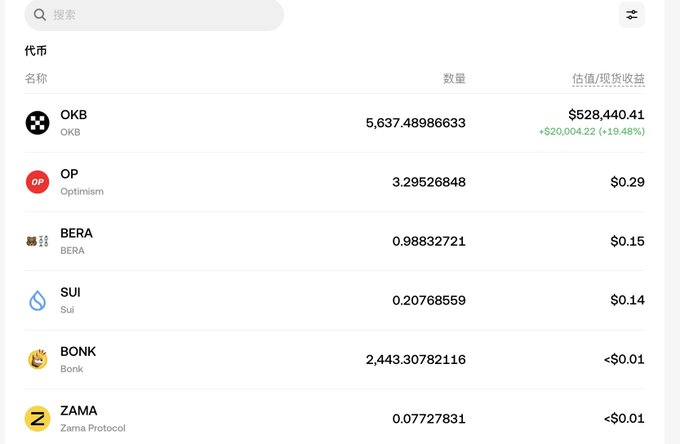 A cryptocurrency portfolio screenshot displaying six holdings—OKB (5,637.49, valued at $528,440.41 with +$20,004.22/+19.48% gain), OP, BERA, SUI, BONK, and ZAMA—suggesting the poster's bullish outlook on Bitcoin's bottom and OKB's potential surge via XLayer is heavily backed by a dominant OKB position.