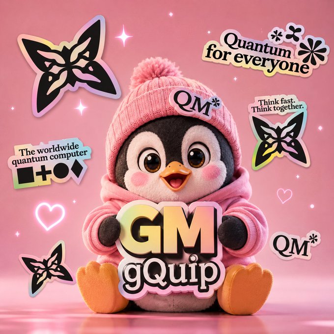 The image features a cute stuffed penguin wearing a pink sweater, sitting down with its arms around itself as if hugging. The penguin has a heart-shaped sticker on its chest that reads "Gm everyone Have a nice weekend @quipnetwork". There are several other stickers surrounding the penguin, including one for QM (Quantum Mechanics) and another for GQ (Game Quip).