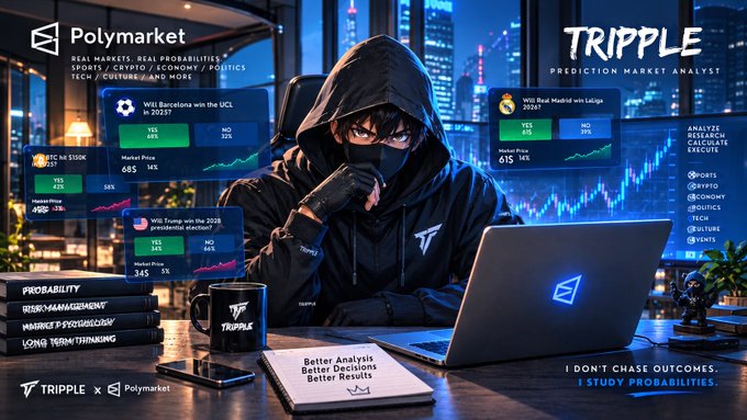 A promotional image for Polymarket x TRIPPLE featuring a hooded figure analyzing prediction markets on a laptop with 'YES'/'NO' probability boxes for events like Barcelona winning the UCL and presidential elections, with the tagline 'I DONT CHASE OUTCOMES. I STUDY PROBABILITIES.'