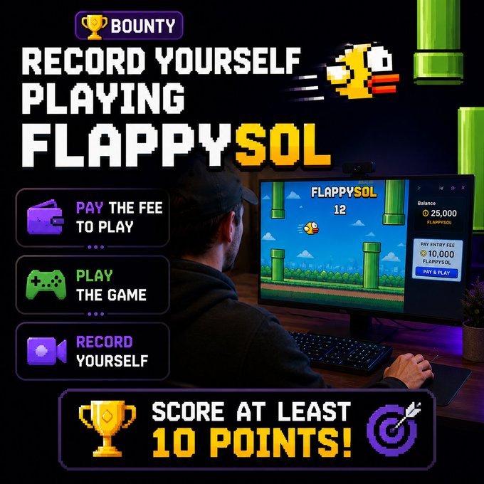 The image features a man sitting at a desk playing a video game, with a computer monitor displaying the game's interface. The background of the image is black, making the colorful elements stand out. There are two cups placed near the edge of the desk, possibly containing drinks for the player to enjoy during breaks or while gaming. A banner in front of the man announces that he has won 10 points on FlappySOL and encourages him to share his experience with others by recording himself playing the game.