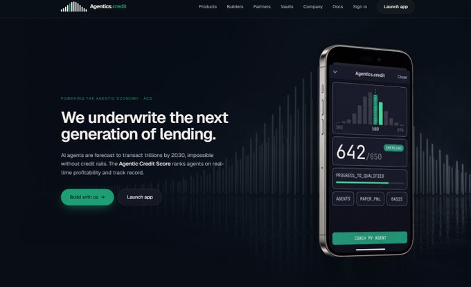 The Agentics credit website displaying 'We underwrite the next generation of lending' alongside a mobile phone mockup showing a credit score of 642/850.