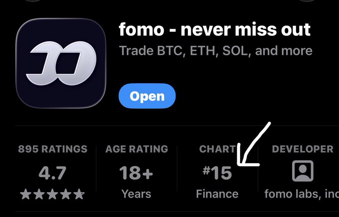 The image shows an App Store listing for "fomo - never miss out," a crypto trading app for BTC, ETH, and SOL, ranked #15 in the Finance chart with a 4.7 rating—suggesting retail crypto adoption is ramping up but still hasn't peaked, aligning with the post's claim that retail investors haven't fully entered yet.