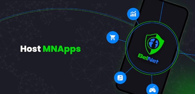A digital advertisement for 'BelNet' showing a smartphone with a shield and globe icon, connected to symbols for analytics, shopping, gas, and gaming, alongside the text 'Host MNApps'.