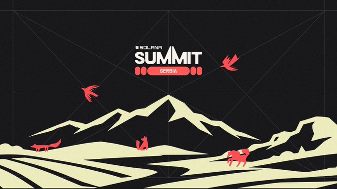 Promotional artwork for 'SOLANA SUMMIT SERBIA' features a stylized mountain landscape with red fox silhouettes against a dark background with geometric line patterns. The event branding appears prominently at the top.