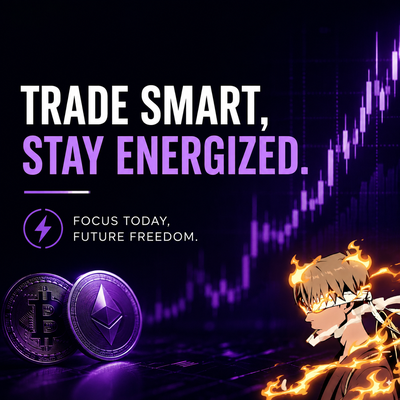 A promotional graphic with the text 'TRADE SMART, STAY ENERGIZED. FOCUS TODAY, FUTURE FREEDOM.' featuring cryptocurrency coins and an anime character with fire effects against a purple stock chart background.