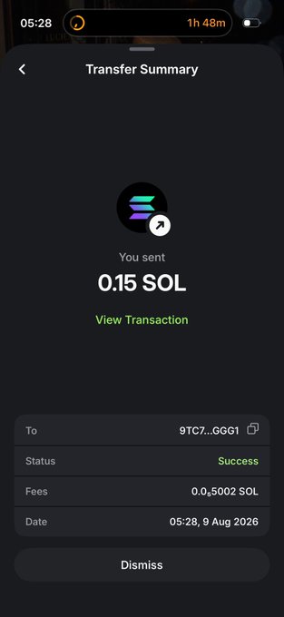 Mobile screenshot of a 'Transfer Summary' showing a successful transaction of 0.15 SOL sent to address '9TC7...6GG1' with a fee of 0.0002 SOL, dated 05:28, 9 Aug 2026.