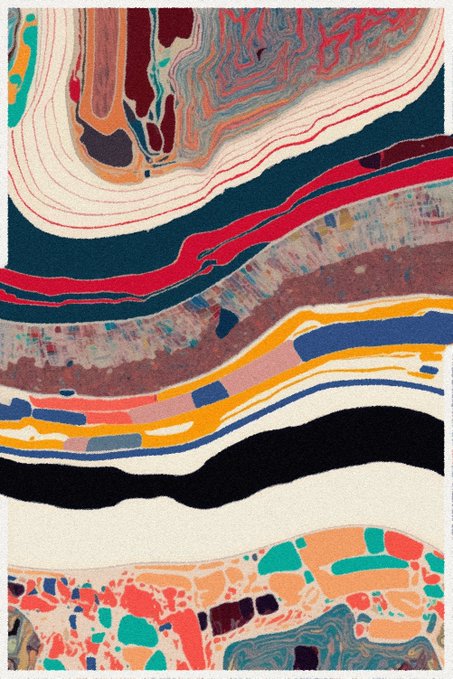 An abstract digital artwork featuring flowing, marbled patterns with colorful wavy bands in cream, teal, red, orange, yellow, and black tones.