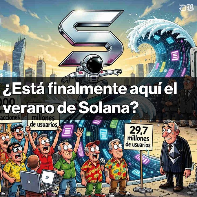 A cartoon illustration about Solana (SOL) with Spanish text reading '¿Está finalmente aquí el verano de Solana?' and signs mentioning '29,7 millones de usuarios'.