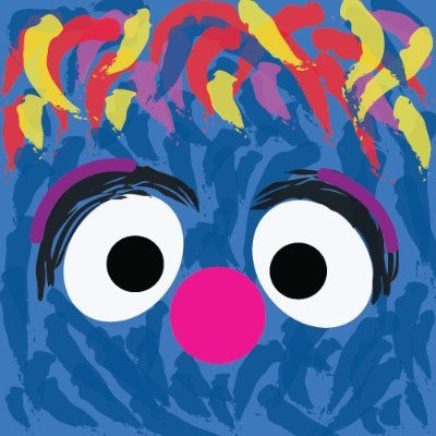 A colorful abstract painting depicting a face with large white eyes, a pink nose, purple eyebrows, and wild multicolored hair in red, yellow, and blue.
