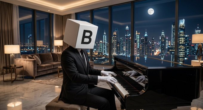 A figure in a tuxedo with a "B" block for a head plays a grand piano in a luxurious high-rise penthouse overlooking a moonlit city skyline, visually evoking the "Builders never really sleep" theme of the post about @PheasantNetwork ($PNT).