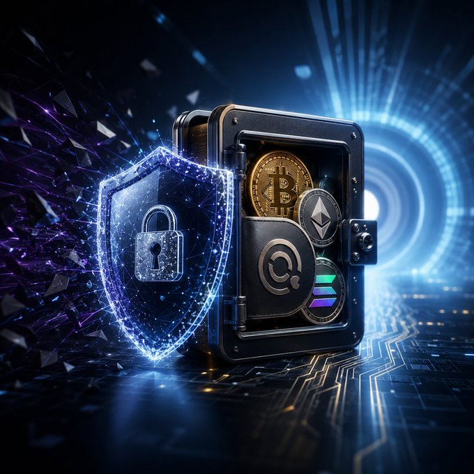 A futuristic digital vault safeguards Bitcoin, Ethereum, and other crypto assets behind a glowing blue security shield, symbolizing the protective infrastructure needed during the gradual transition to quantum-resistant security that the post highlights.