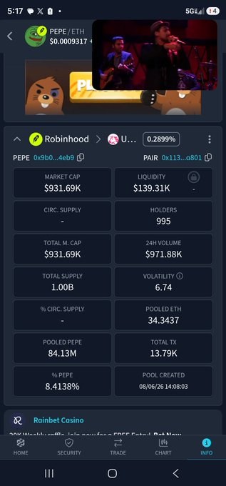 Cryptocurrency tracking app displaying PEPE/ETH pair statistics with a market cap of $931.69K, 995 holders, and 84.13M pooled Pepe, alongside a video call overlay showing people singing.