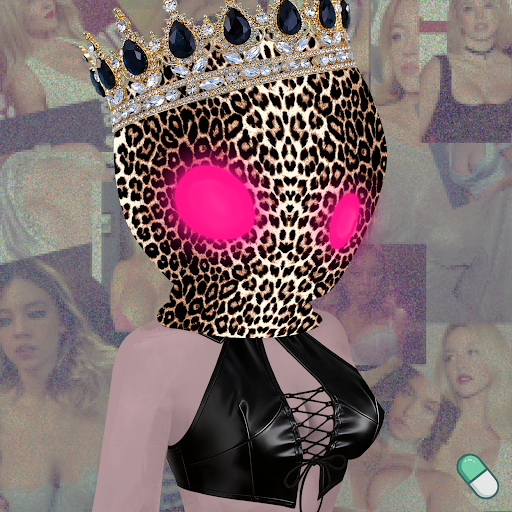 A surreal digital artwork of a figure wearing a jeweled crown and a leopard-print mask with glowing pink eyes, dressed in a black lace-up top against a faded background of multiple faces.