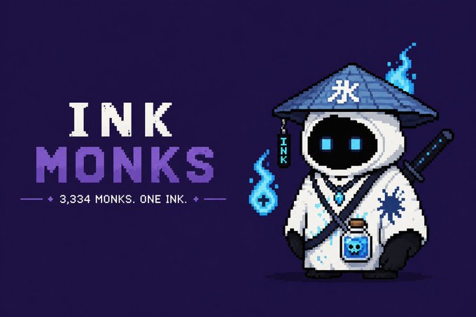 A pixel art logo for 'INK MONKS' featuring a panda character dressed as a ninja with a sword and ink bottle, with the tagline '3,334 MONKS. ONE INK.'