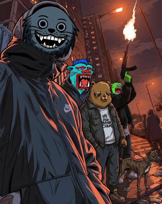 An anime-style illustration depicts characters wearing animal masks (sloth, demon, bear, frog) in dark hoodies on a city street at night, one holding a flaming torch.