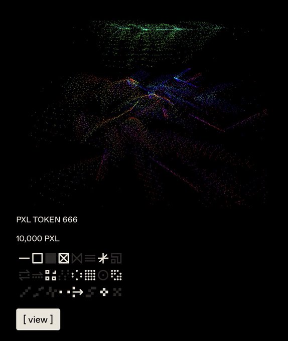 A digital NFT artwork displayed on a dark background with colorful pointillist-style dots forming abstract shapes, labeled 'PXL TOKEN 666' and '10,000 PXL' with various symbol icons and a [view] button.