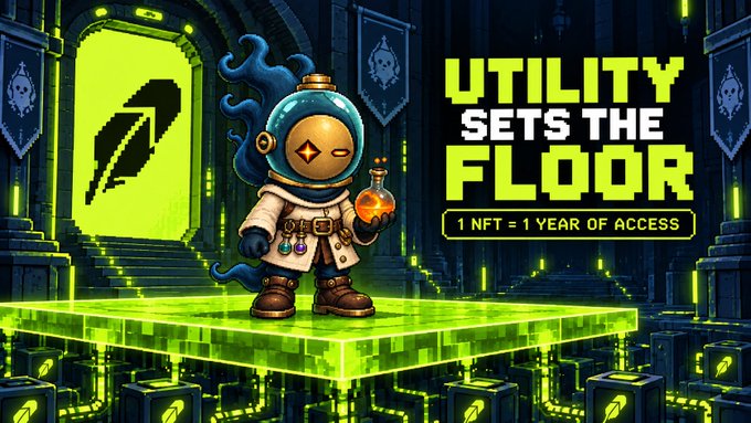 A digital illustration featuring a character in a diving helmet holding a potion bottle, standing on a glowing green platform with the text 'UTILITY SETS THE FLOOR' and '1 NFT = 1 YEAR OF ACCESS'.