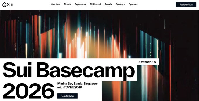 Promotional image for 'Sui Basecamp 2026', an event on October 7-8 at Marina Bay Sands, Singapore, with TOKEN2049.