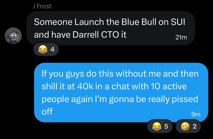 A text message conversation where J Frost suggests 'Someone Launch the Blue Bull on SUI and have Darrell CTO it', followed by a frustrated reply about missing a previous 40k market cap opportunity.
