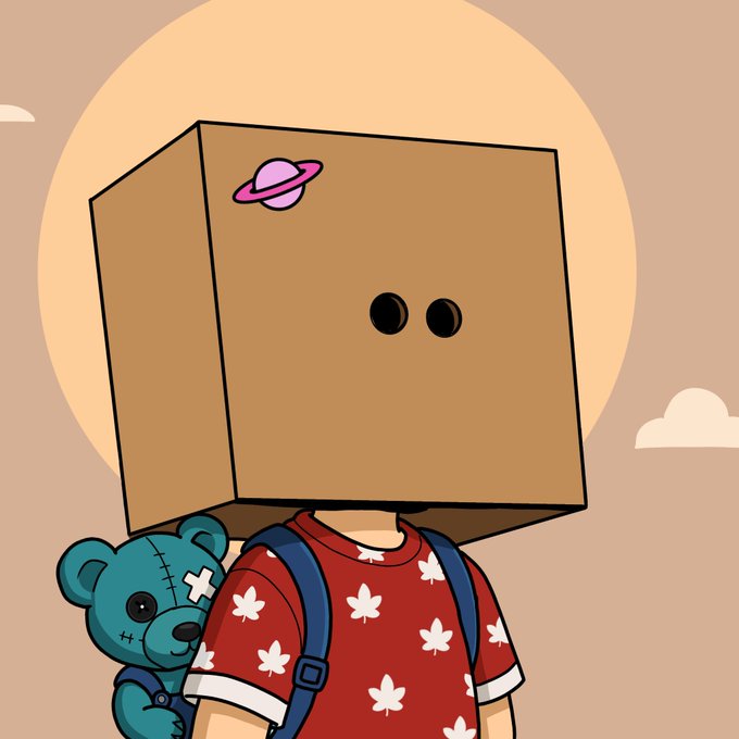 A child wearing a box head with a small Saturn sticker, a red maple-leaf patterned shirt, and a teal teddy bear backpack stands against a peachy sky, fitting the post's reference to "Cute nobles with box head" in the Funkari NFT collection.