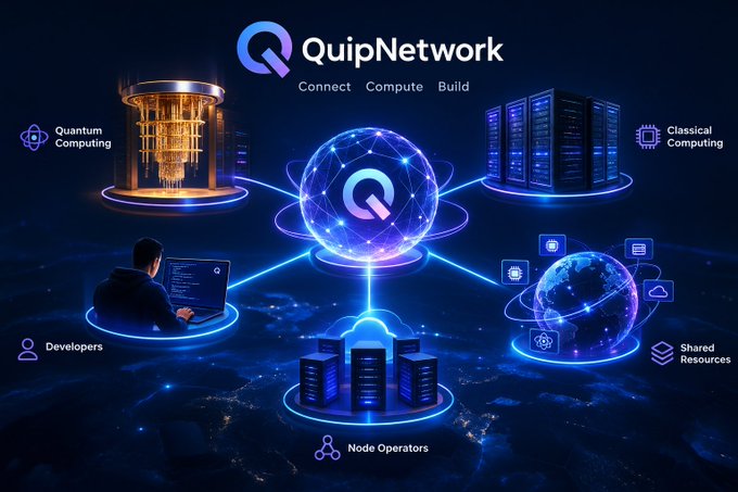 A futuristic promotional graphic for 'QuipNetwork' with the tagline 'Connect · Compute · Build,' depicting interconnected nodes labeled 'Quantum Computing,' 'Classical Computing,' 'Developers,' 'Node Operators,' and 'Shared Resources.'