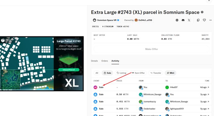 An OpenSea NFT marketplace listing page for 'Extra Large #2743 (XL) parcel in Somnium Space', with red arrows pointing to the 'Sale' filter and 'PRICE' column in the activity table.