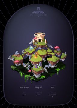 An isometric digital illustration displays a floating archipelago of grassy islands with a central temple structure, labeled with attributes like BODY BUILD, SAXOPHONE, and SAXOPHONY.