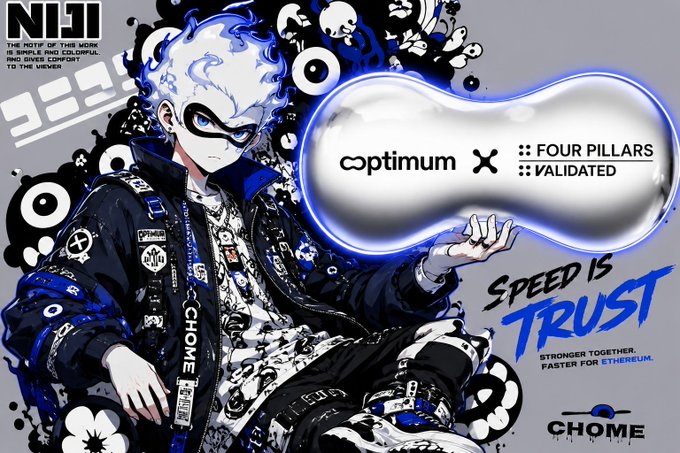 The image is an anime-style promotional graphic featuring a silver-haired masked character holding a glowing "blob" displaying "optimum X FOUR PILLARS VALIDATED," with text reading "SPEED IS TRUST" and "STRONGER TOGETHER. FASTER FOR ETHEREUM," alongside "NIJI" branding. It visually represents the Optimum × Four Pillars Validated partnership, illustrating the post's message about reducing network latency and improving block propagation for validators serving the Korean Ethereum community.