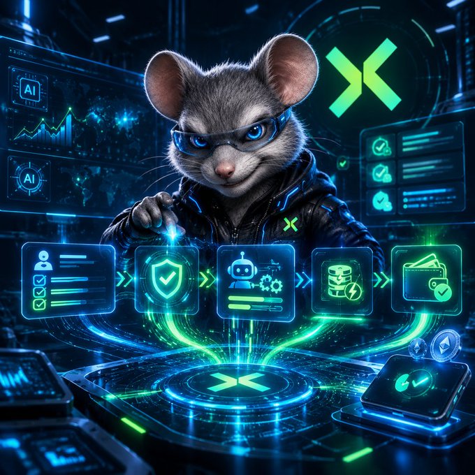 A stylized animated mouse wearing sunglasses and a leather jacket works on a futuristic interface surrounded by floating holographic icons for AI, security, transactions, and the TermiX logo.