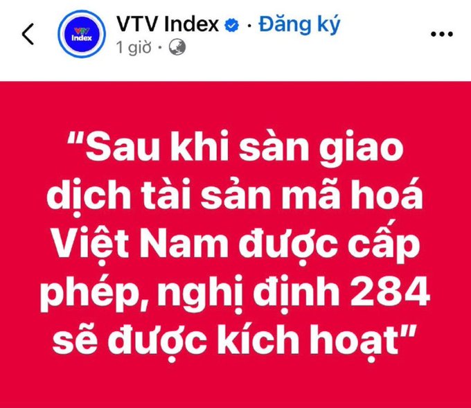 A red graphic from VTV Index with white Vietnamese text stating that decree 284 will be activated after crypto asset trading platforms are licensed in Vietnam.