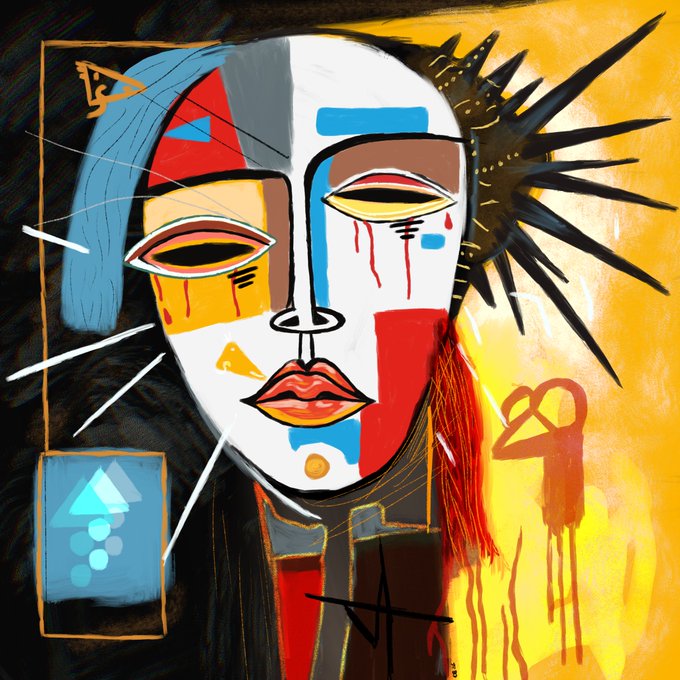 An abstract painting features a stylized face with mismatched eyes, dripping red tears, blue hair, and a spiky black mohawk against a yellow background.