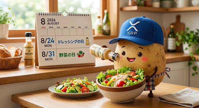 An animated character wearing an XRP-branded cap pouring dressing onto a salad, next to a calendar marked August 2026 with Japanese text for Dressing Day (8/24) and Vegetable Day (8/31).