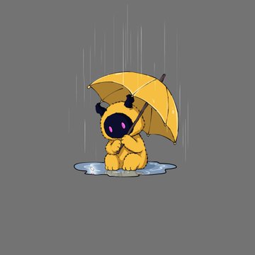 A cute cartoon illustration of a small yellow bee-like character with large black eyes, holding a yellow umbrella while standing in a puddle in the rain against a gray background.