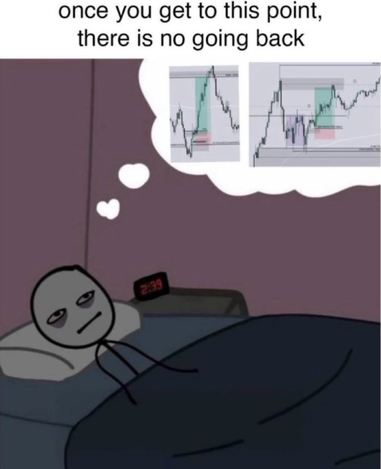 A meme shows a stick figure in bed at 2:39 AM thinking about stock charts, with text reading 'once you get to this point, there is no going back.'