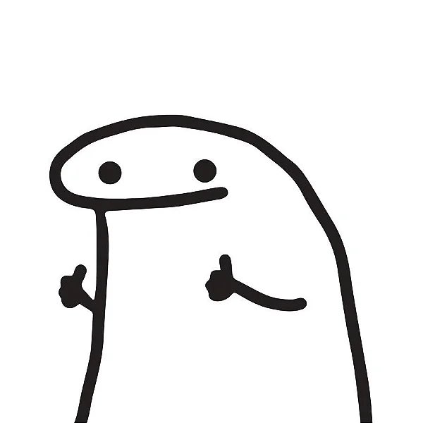 A simple black-and-white cartoon drawing of a smiling, blob-like character with dot eyes and stubby arms, standing with a slight tilt.
