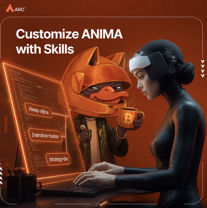 The image shows an animated character wearing a helmet with a computer monitor behind them. The character appears to be typing or using a keyboard while holding a cup of coffee. The caption above the image reads, "Customize AnimAma with Skills".