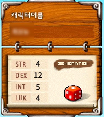 The image shows a Korean character attribute screen ("캐릭터이름") displaying stats of STR 4, DEX 12, INT 5, and LUK 4, with a "GENERATE!!" button next to a red dice—relating to the post's theme of Korean gamers' familiarity with "rolling dice" to grind stats, which they liken to how Korean Bitcoiners accept randomness/casino-like elements in crypto.