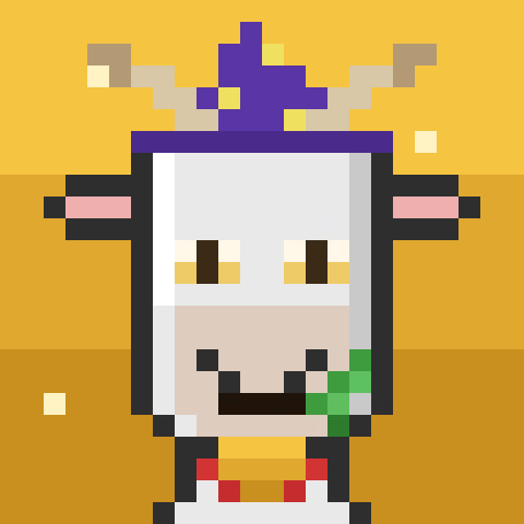 A pixel art illustration of a crowned character with white hair, red eyes, and a wide smiling mouth, set against a yellow background.