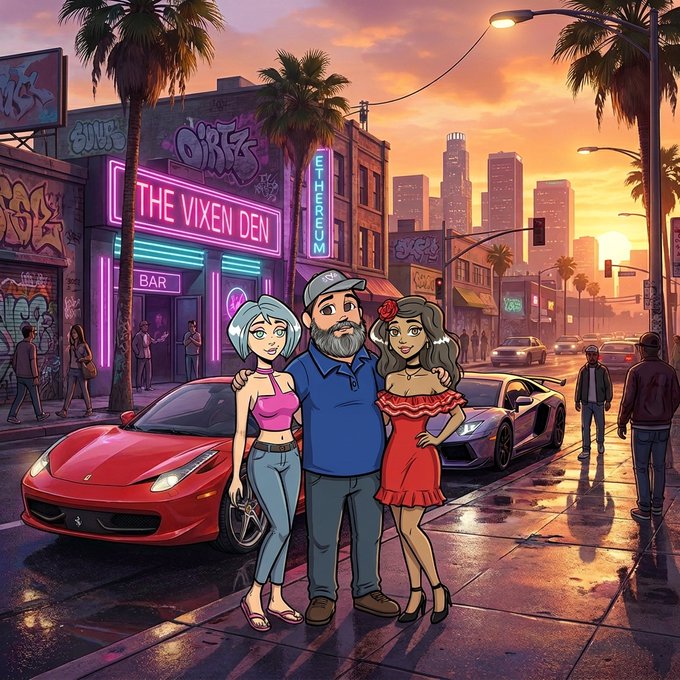 A digital illustration depicts three characters posing on a city street at sunset with a red Ferrari, a neon 'THE VIXEN DEN BAR' sign, and a Los Angeles skyline in the background.