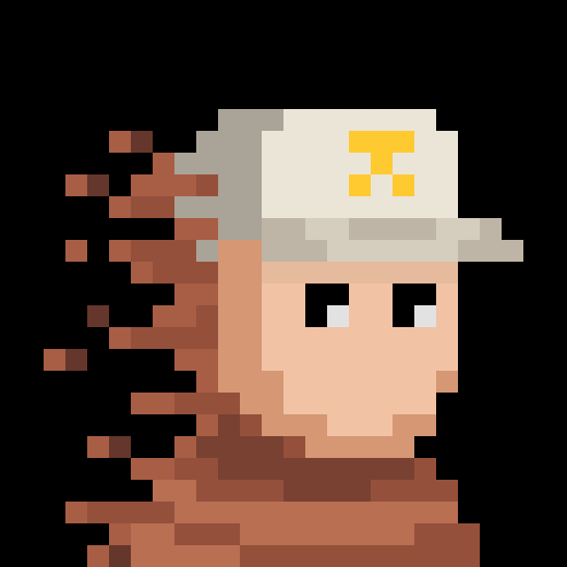 A pixel art illustration of a character with a pixelated, dissolving effect on the left side, wearing a beige cap with a yellow 'T' symbol and a red scarf.