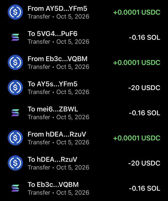 A transaction ledger showing crypto transfers on Oct 5, 2026, including +0.0001 USDC received from addresses AY5D...YFm5, Eb3c...VQBM, and hDEA...RzuV, along with outgoing transfers of -20 USDC and -0.16 SOL between these addresses.