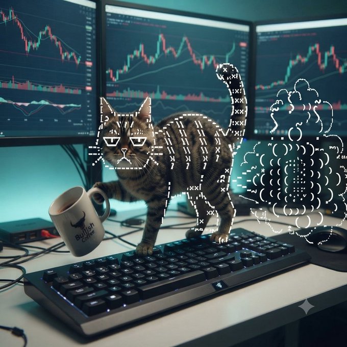A stylized image of a tabby cat standing on a backlit keyboard, holding a coffee mug, with trading charts on three monitors in the background; the cat is overlaid with glowing text-art outlines.