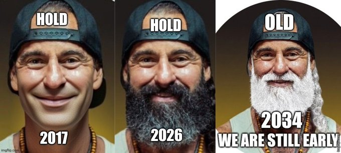 A three-panel meme showing the same man aging from 2017 to 2026 to 2034, with the text "HOLD," "HOLD," and "OLD WE ARE STILL EARLY."